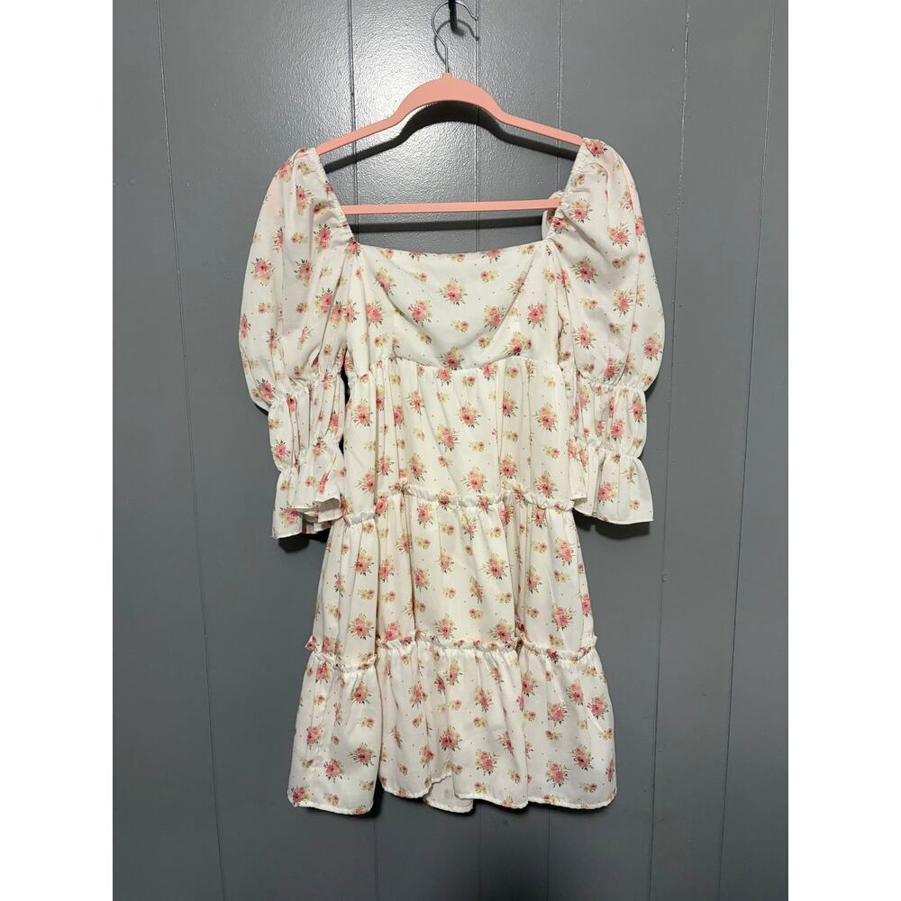 Storia White Floral Tiered Tie Back Puff Sleeve Babydoll Cottage Mini Dress S